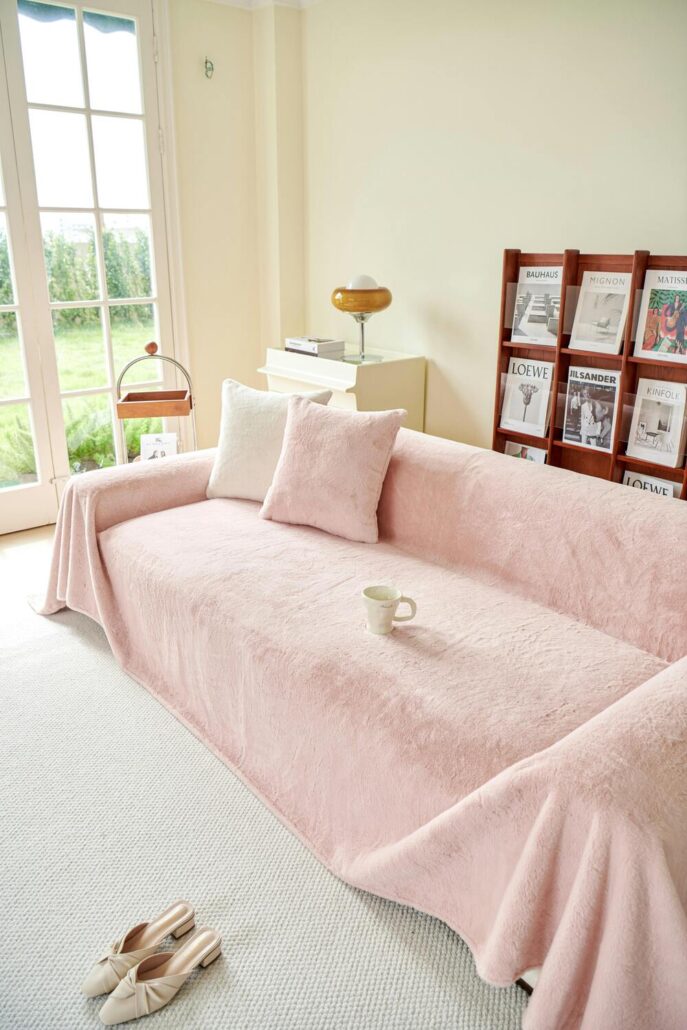 living room with pink sofa